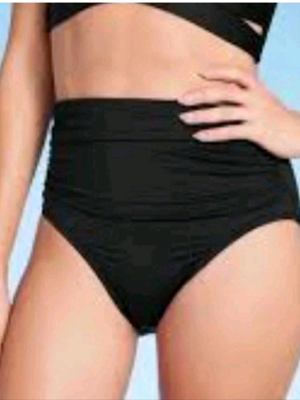 Shade & Shore Shirred High Waist Bikini Bottom Black Full Coverage NWT